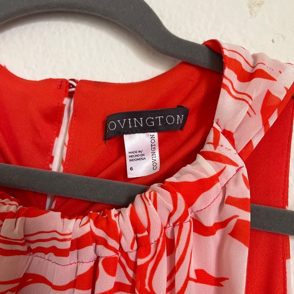 Covington Tropical Floral Shift Dress Pink Orange Ruffle Hem Sleeveless Size 6 - Picture 3 of 6